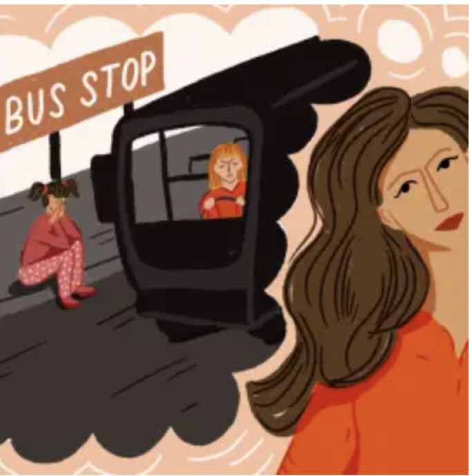 Illustration of a person inside a bus-stop shelter and a larger face looking toward them; a sign reads Bus Stop.